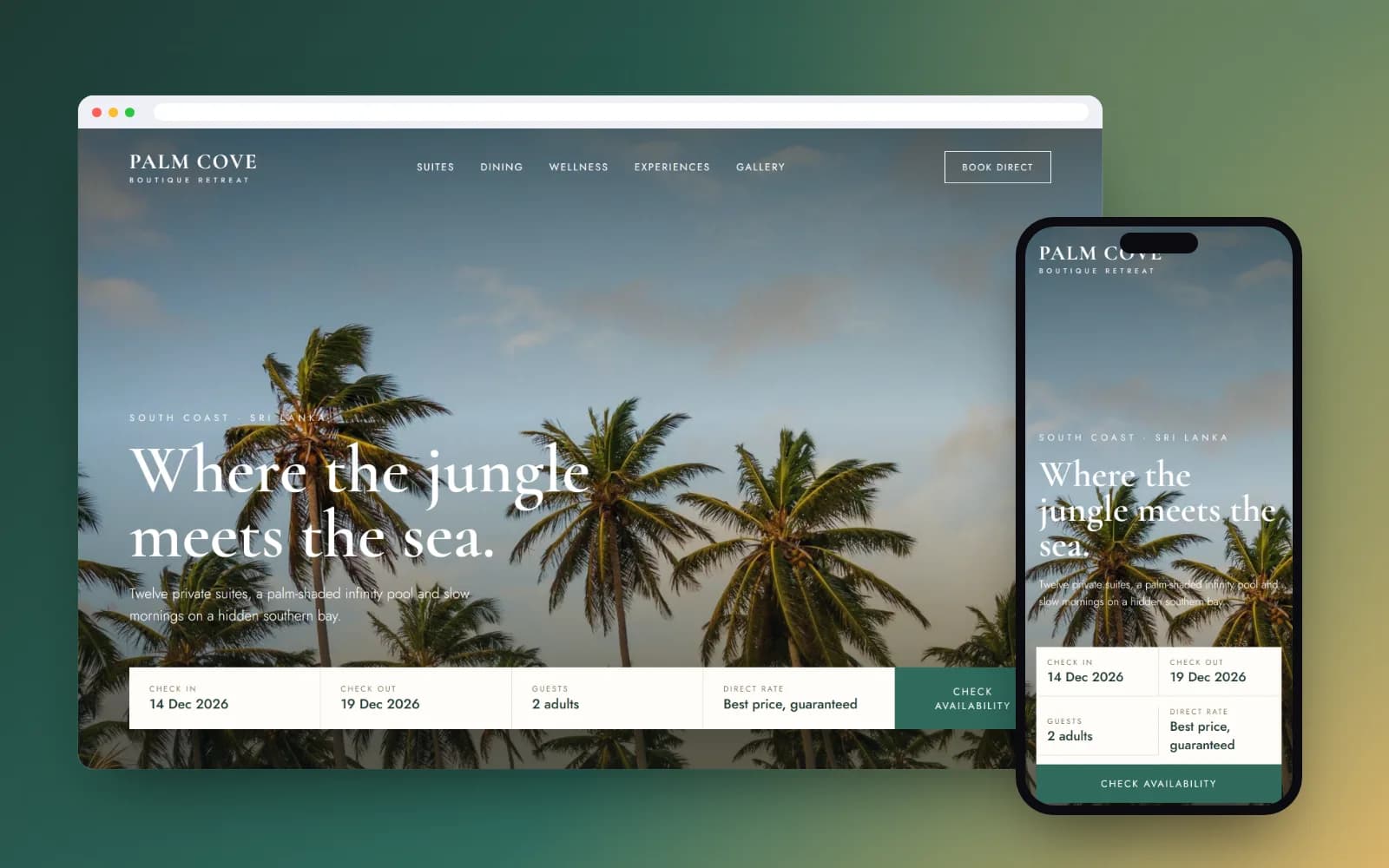 Palm Cove boutique hotel website concept with palm-tree hero image on desktop and mobile