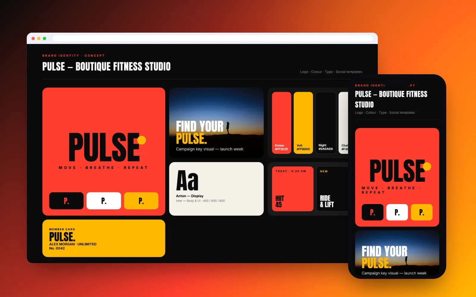 PULSE fitness studio brand identity board with logo, colours, type and social posts