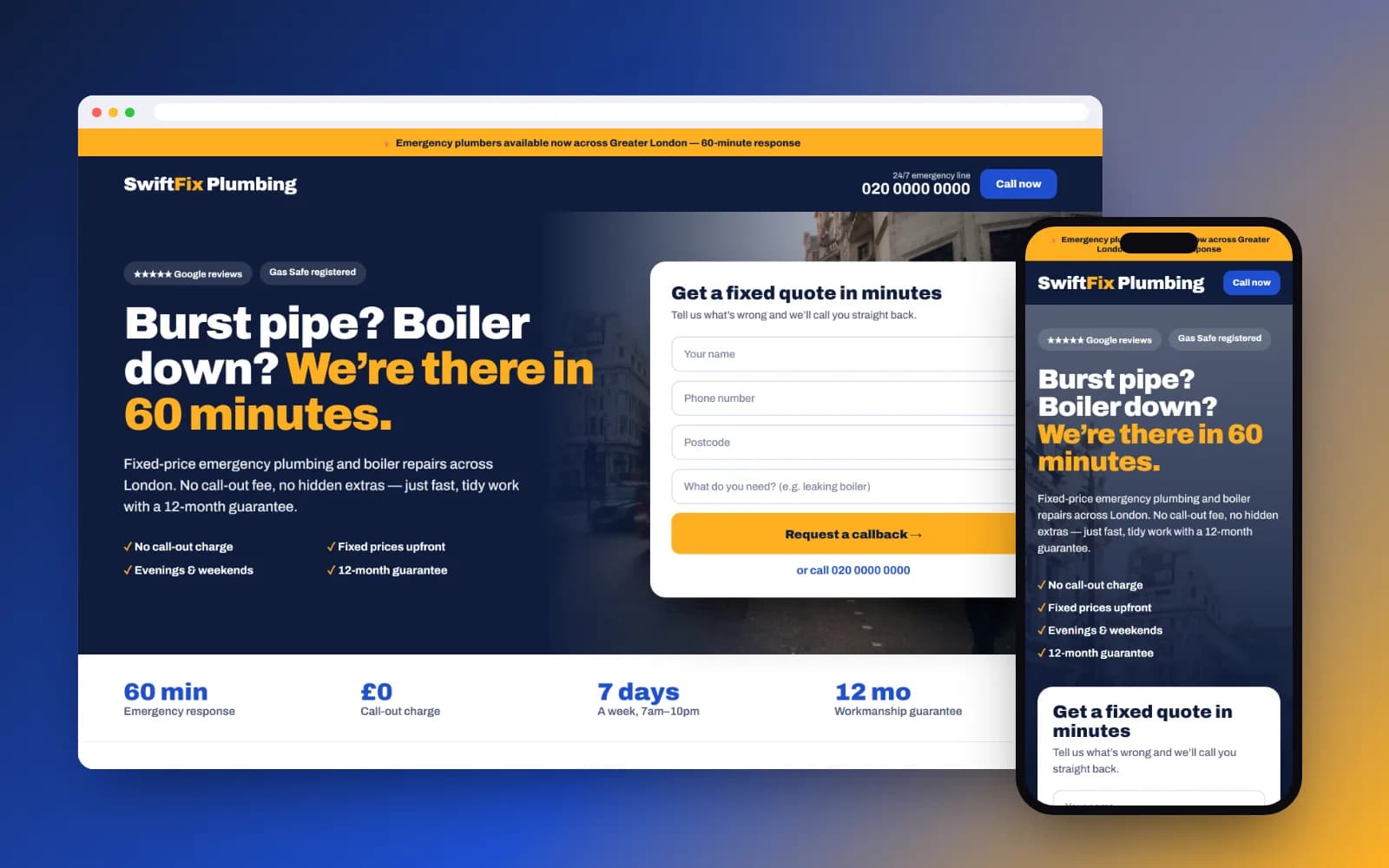 SwiftFix Plumbing emergency landing page concept on desktop and mobile